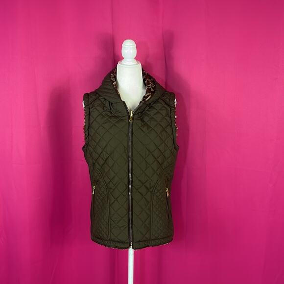 Special one by Rock Revolution green and Cheetah fur reversible puffer vest, L - Picture 1 of 12